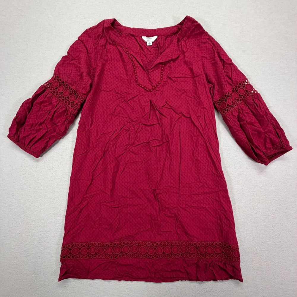 Crown & Ivy Women Dress Relaxed Red Crochet Lace Dobby Shift Small